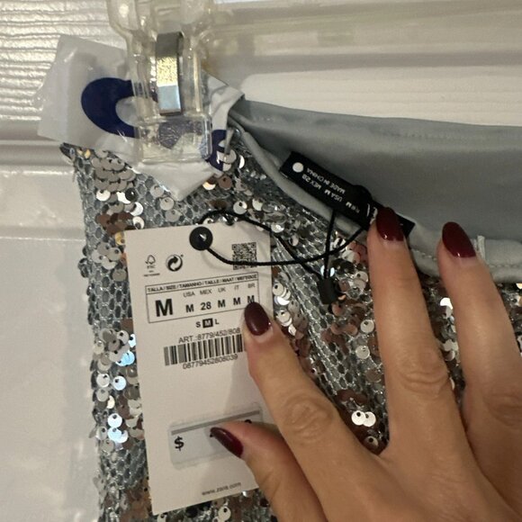 NWT Zara Medium Silver Netted Sequin Midi Skirt 8779 452 808 - Picture 6 of 6